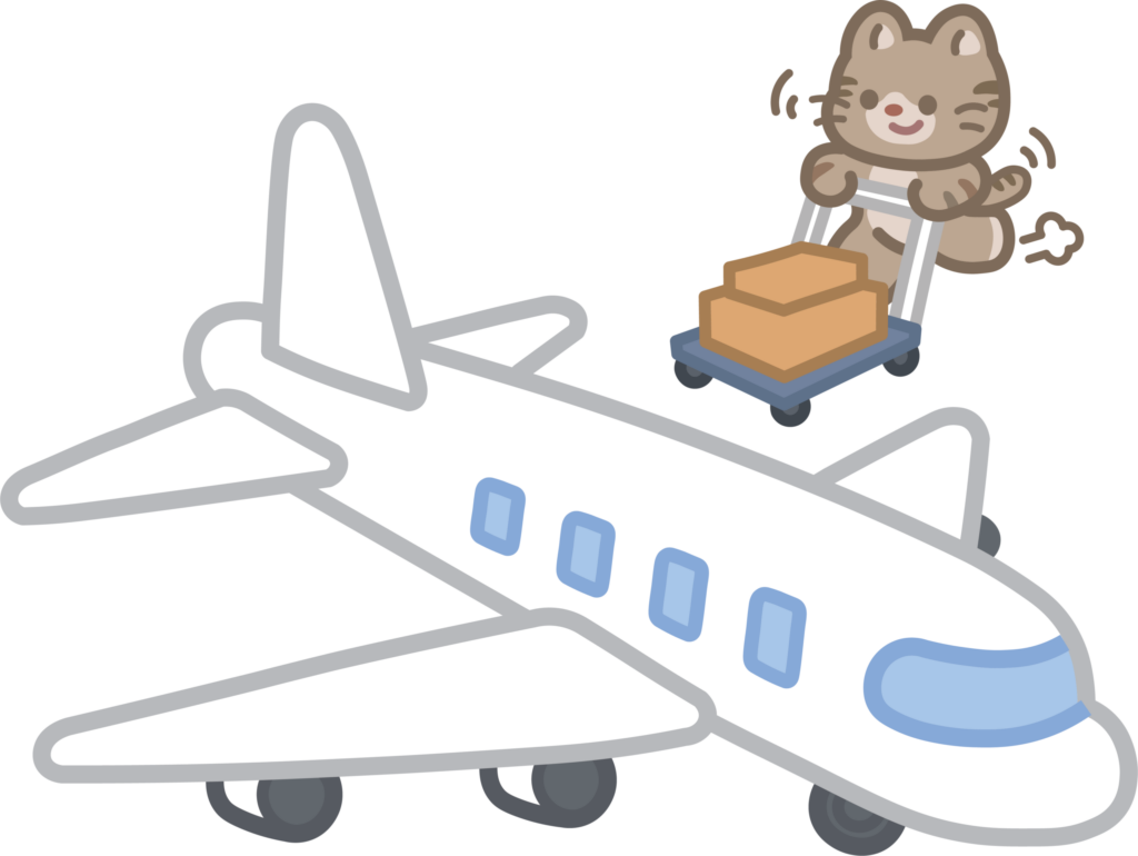 飛行機に物を積む猫のイラスト