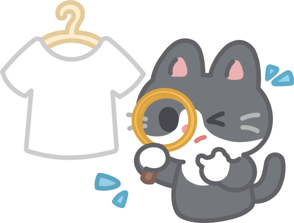虫眼鏡で服を観察する猫のイラスト